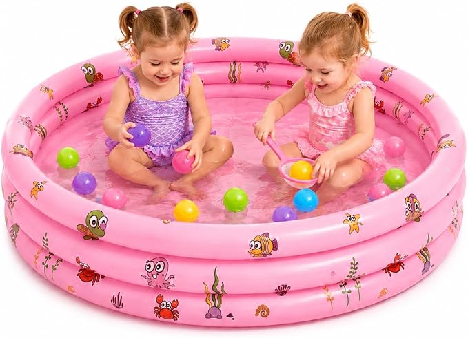 48"*12" Kiddie Pool for Toddler with Bubble Bottom, Pink | Inflatable Baby Pool with Drain Plug, Kids Pool for Summer Play, Flodable,Beach, Backyard, Indoor Ball Pit Play