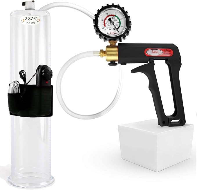 LeLuv Vibrating Penis Pump Maxi Black Handle + Protected Gauge - Bundle with Clear Hose - 12 inch Length x 2.875 inch Diameter Cylinder