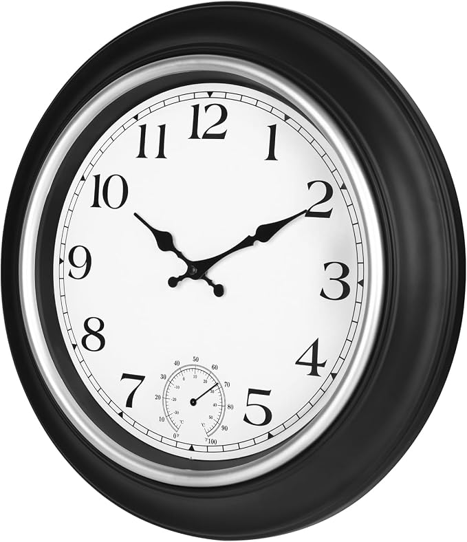 JoFomp Large Waterproof Outdoor Clock with Thermometer Combo - 18 inch Silent Non Ticking Quartz Battery Operated Wall Clock for Patio, Home, Pool, Garden, Porch, Deck (Silver, 18 Inch)