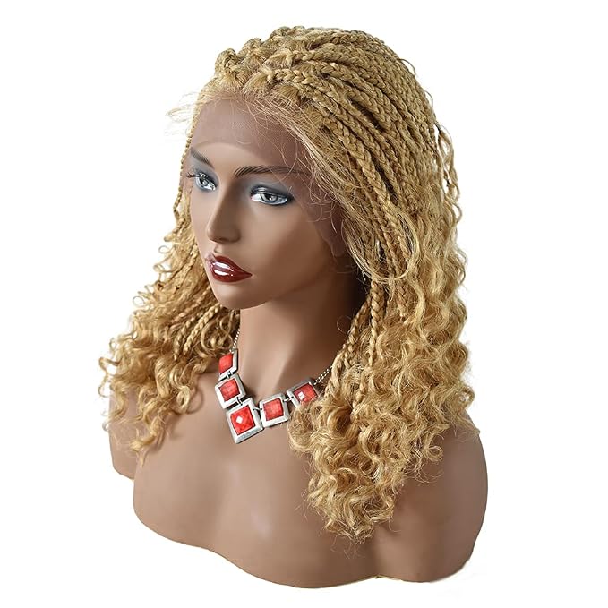 Lace Braids Wig For Black Women Box Braided Wigs Curly Swiss Lace Front Braid Wigs Hand Tied Micro Twist Braiding Wig Knotless Synthetic Braids Wig With Baby Hair (LL602483C, #27/613M)