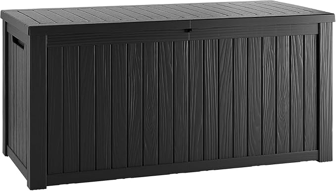 Outdoor Storage Box, 150 Gallon Waterproof Deck Box, Piston-Assisted Resin Trunk for Sectional Sofa Cushions, High-Capacity Lockable Double Storage Bench, Patio Lounge, Black