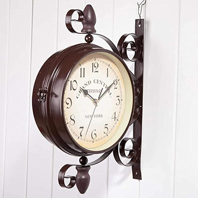 Vintage Wall Mounted Clock Outdoor Double Sided Clock, Metal Vintage Double Sided Hanging Clock, for Patio, Garage, Outdoor Area Antique Look Train Station Clock Two Sided Clock for Indoors/Outdoors