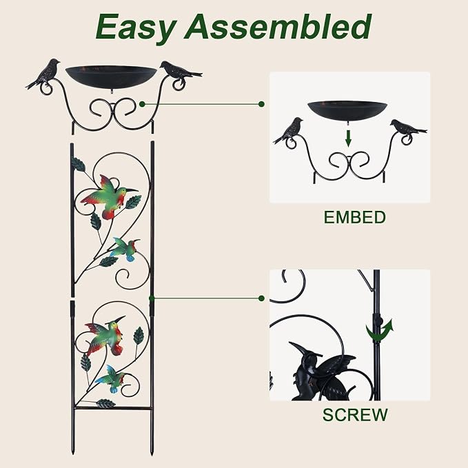 hogardeck 35” Metal Bird Bath with Garden Trellis for Climbing Plants Outdoor, Vintage Hummingbirds Decorative Birdbath, Garden Decor Metal Plant Support for Climbing Flowers