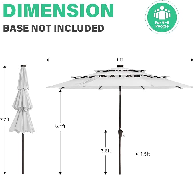 JEAREY 3 Tiers Patio Umbrella with Solar Lights 9ft Outdoor Market Table Umbrellas with Push Button Tilt for Outside Pool Garden, Creamy-white