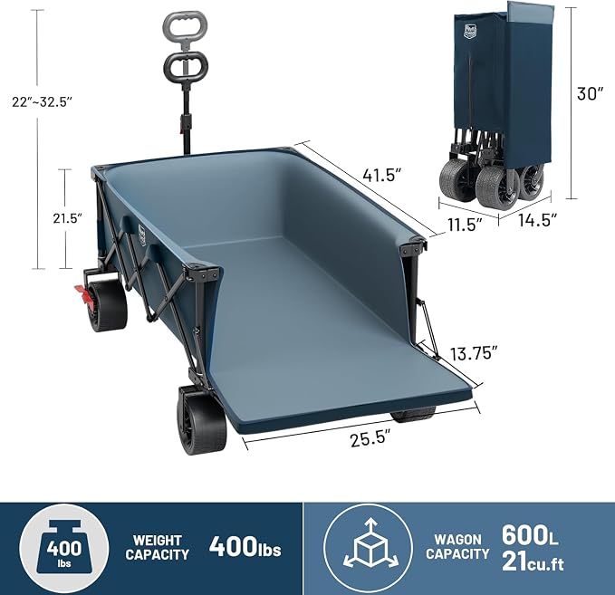 Timber Ridge 600L Beast Wagon 26" W Extra Wide Folding w/Big Wheels Cart | Cargo Net & Tailgate, 500lbs Heavy Duty All Terrain 55.25" L Collapsible Portable Carts for Camping, Sports, Dogs, Blue