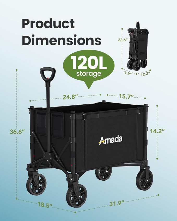 120L Wagons Carts Foldable, Collapsible Wagon Cart with 220 lbs Max Load and Expandable Storage, Heavy-Duty Foldable Wagon Cart with Wheels for Groceries, Shopping, Sport, Beach, Garden and Camping