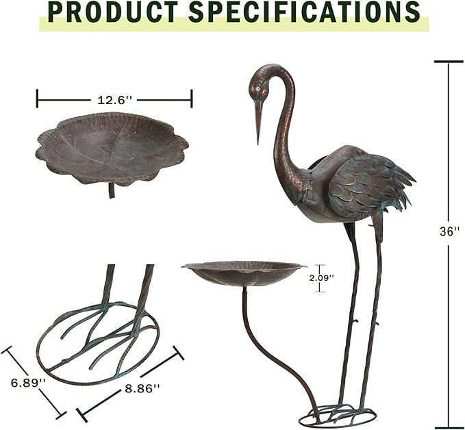36"H Crane Bird Bath,Metal Birdbaths for Outdoor,Bird Feeders for Outdoors | Heron Garden Statues With bird bath,Vintage Birdbath for Garden Patio Lawn Decor