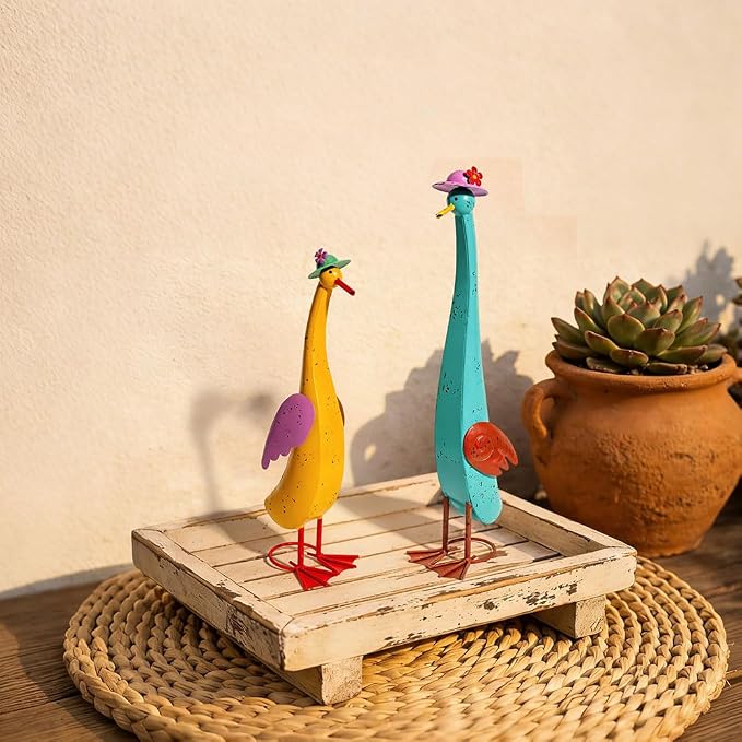 22" Duck Garden Statue Set of 2 Metal Ducks, Duck Outdoor Decor Animal Yard Art Sculptures for Patio Porch Lawn Backyard