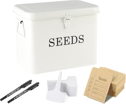 Seed Storage Organizer, T-Shape Compartment Seed Box with Safety Lock, Metal Seed Saving Box, Portable Seed Bin Container with Handle, Including 2 Pens 20 Plant Labels 50 Seed Envelopes-White