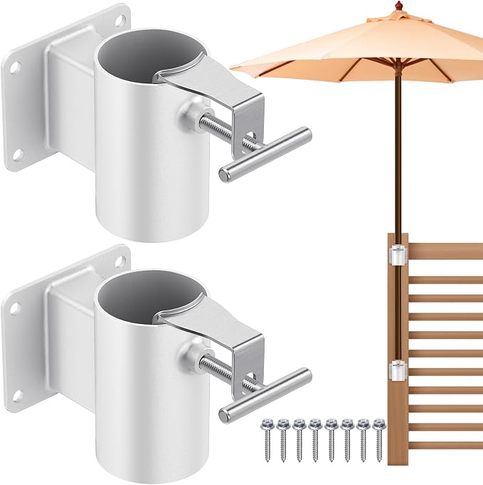 Heavy Duty Deck Railing Umbrella Holder, Patio Umbrella Stand for 1-2 Inch Poles, Space-Saving Design, Secure & Sturdy Flat Mount for Deck Railing, Balcony, Outdoor Courtyard, Fences, White