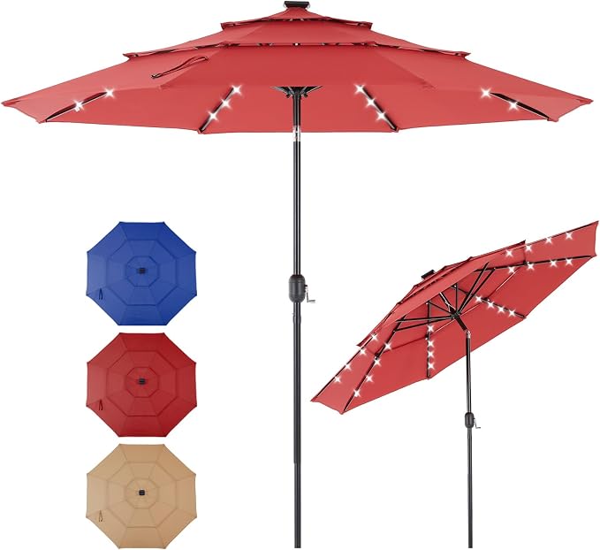 DUMOS Outdoor Solar Patio Umbrella 3 Tiers with 32 LED Lights, Beach Market Table Umbrella with Crank and 8 Sturdy Ribs for Pool, Terrace, Restaurant