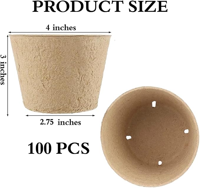 100-Pack 4 Inch Organic Peat Pots for Seed Starting Pots - Biodegradable Plantable Nursery Pots with Drainage Holes, Small Seed Starting Starter Tray, Eco-Friendly & Compostable Seedling Containers