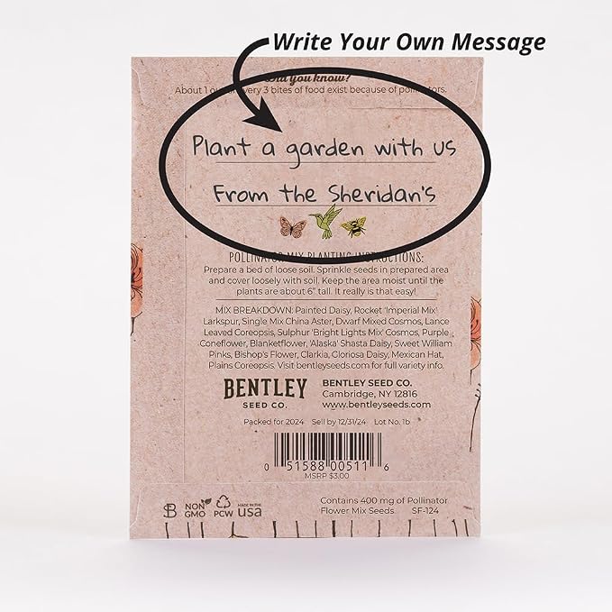 Bentley Pollinator Mix - Pre-Filled, Non-GMO, Non-Coated Butterfly Packets - 25 Annual Wildflower Seeds - Perfect Eco-Friendly Gift