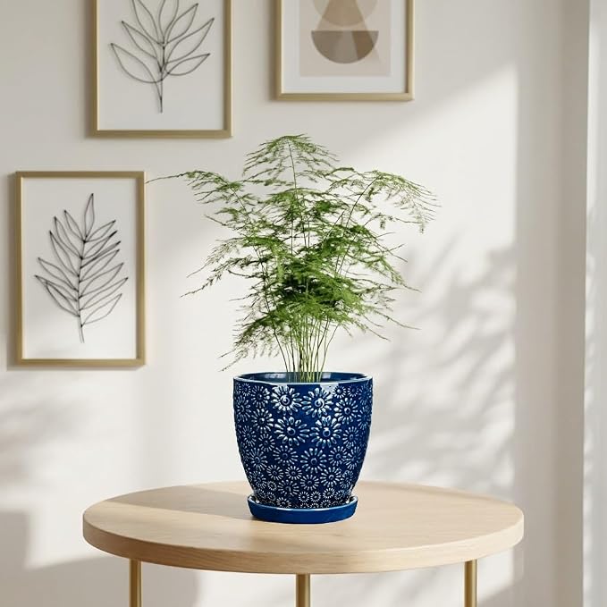 Hollyone 6 Inch Blue Ceramic Planter Flower Plant Pot with Drainage Hole and Saucer for Plants Embossed Indoor Outdoor Garden Embossed Ceramic Glazed Round Pot for Succulent Orchid Sunshine Pattern