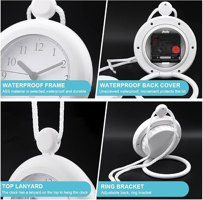 Waterproo-f Bathroom Shower Clock, Silent Analog Quartz Clock, Dual-Purpose Hanging Stand Shower Clock for Bathroom Kitchen, Easy Reading, 4.72 inch Round Size(Size:Type 1)