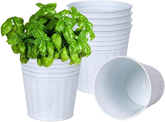 6 Inch White Metal Rustic Flower Pots - 6Pcs Galvanized Planters with Drainage Hole and Rubber Plug, Rustproof Metal Bucket Plant Pots Farmhouse Vintage Style for Decor
