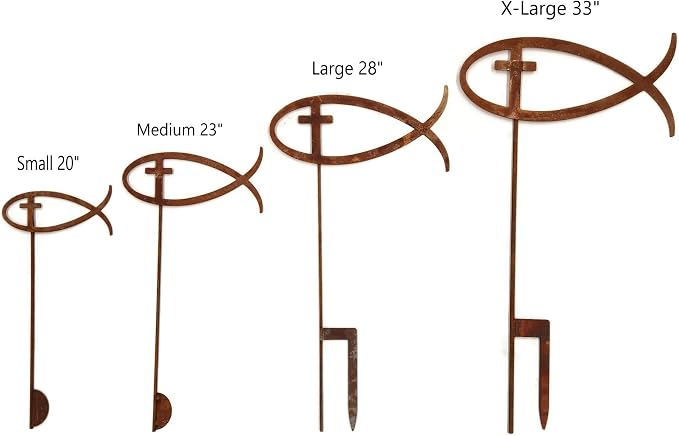 Christian Jesus Fish Metal Steel Garden Landscape Stake 20 to 33 Inches Tall (Jesus Fish with Cross 33" Tall Including Stake, Naturally Rusted)