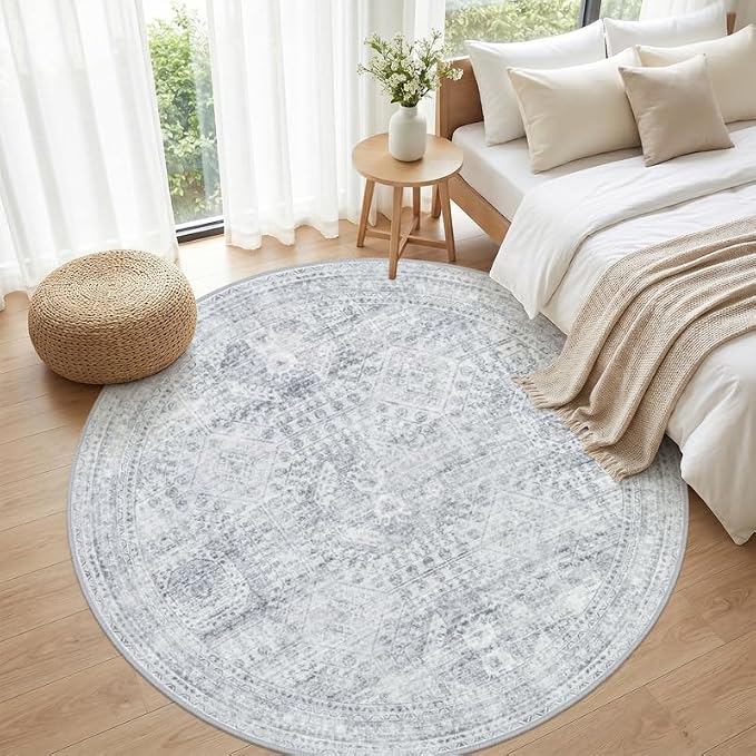 Round Area Rug Living Room: 8ft Neutral Washable Carpet Rug Gray | Vintage Boho Circle Soft Large Circular Carpet Bedroom Nursery Farmhouse Dining Room Indoor Decor Floor Non-Slip Under Table