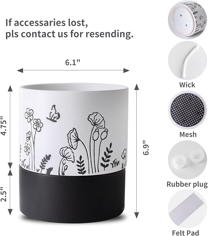 Nihow Self Watering Pots for Indoor Plants,6 Inch,White,Hand Painting | Ceramic Planter, Drainage Hole & Water Storage Plus, Cylinder Round Flower Pot, For Succulent/Herbs/Violets
