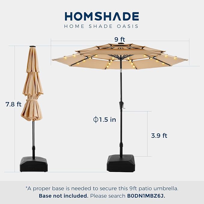 HOMSHADE 3-Tier Patio Umbrella with Solar Lights(Beige,No Base) | 5-Year Fade Resistant;32 LED Lights;Windproof;8 Thicker Ribs;UPF50+;Pool,Lawn,Garden,Deck