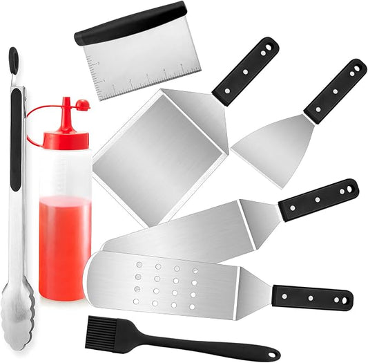 8Pcs Griddle Accessories Kit for Blackstone, Joyfair Flattop Grilling Accessory Tool Set with Stainless Steel Burger Spatula Turner, Metal Flipper, for Outdoor BBQ Teppanyaki Hibachi, (ABS Handles)