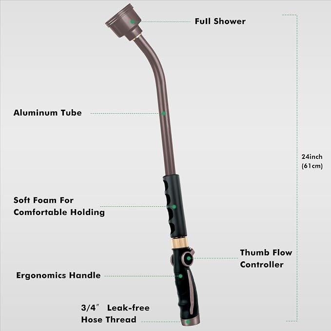 RESTMO Long Watering Wand, 24 Inches Gentle Soft Full Shower Sprayer Wand with Thumb Flow Control, Heavy Duty Metal Hose Wand for Hanging Baskets, Shrubs, Plants, Flowers, Garden and Lawn, Bronze