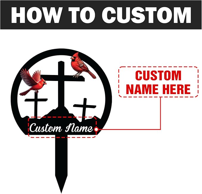 Personalized Garden Sign with Stakes, Cross Metal Decor, Cardinal Decorative Outside, Yard Sign Outdoor, Gift for Mom, Welcome to Garden, God Bless You Decor Gifts