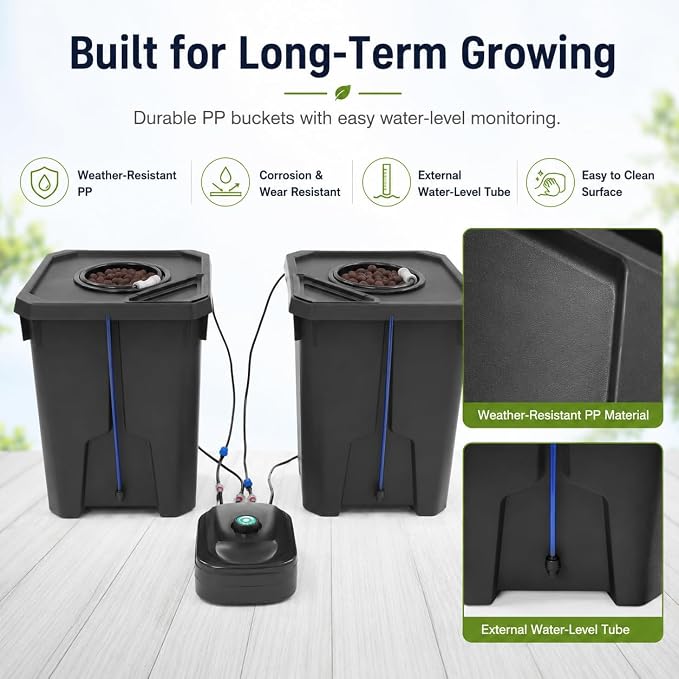 2Pcs Deep Water Culture Bucket System, 7 Gallon Hydroponics Growing System Kit with Flippable Inspection Cover, Recirculating Drip Garden System with Air Pump&Clay Pebbles for Indoor Outdoor Plants