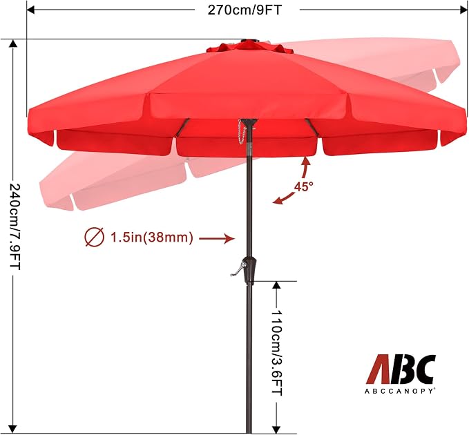 ABCCANOPY 9ft Scalloped Patio Umbrella, Outdoor Table Umbrella with Tilt and Crank, Fiberglass Ribs Deck Umbrella for Patio, Pool, Garden, Picnic (Red)
