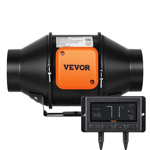 VEVOR Inline Duct Fan, 4-Inch 205 CFM with Temperature Humidity Controller, Quiet EC-Motor Ventilation Exhaust Fan for Cooling Booster, Grow Tents, Hydroponics