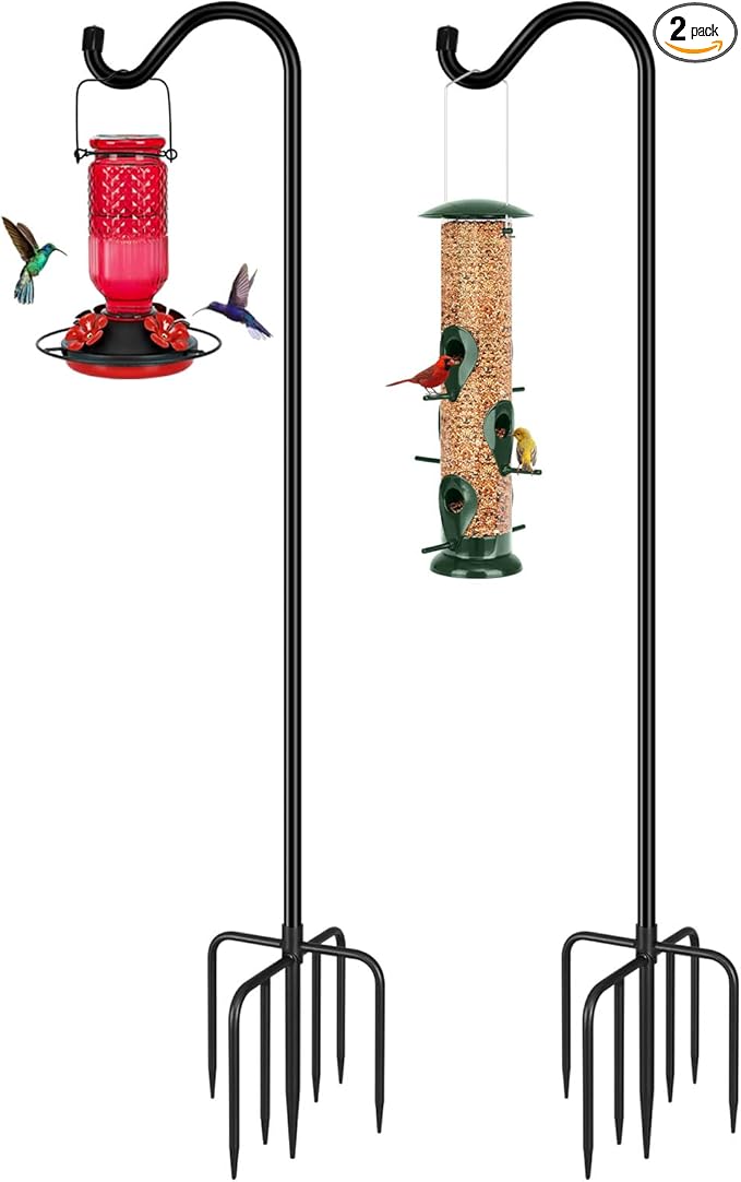 FEED GARDEN Shepards Hooks for Outdoor Bird Feeder Pole 92 Inch Adjustable Tall Heavy Duty Shepherds Hooks for Hanging Plant Baskets, Solar Lights, Wedding Decor, Lanterns, Black (2 Pack)