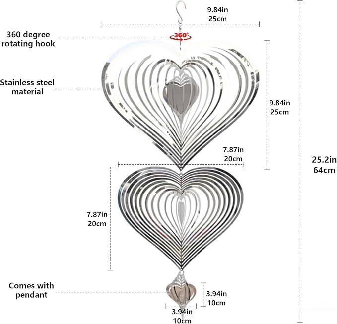 Heart-Shaped 3-Tier 3D Stainless Steel Reflective Hanging Wind Spinners | Outdoor garden yard patio decor, bird deterrent, romantic metal art gift for mom women