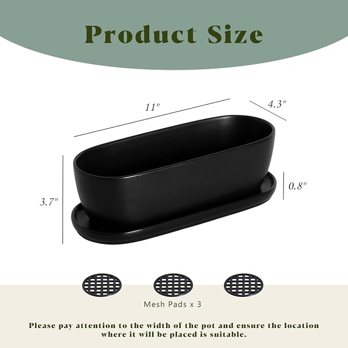 E-liu Oval Ceramic Planter Pot with Drainage Hole Saucers 11 Inch Succulents Planter Home Decor for Indoor Outdoor Plants Herb Cactus with 3 Mesh Pads, Plants Not Included, Black