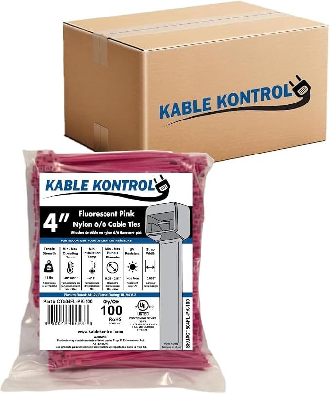 Kable Kontrol Fluorescent Pink Zip Ties 4 Inch 40,000 Pcs, 18 Lbs Tensile Strength, Bulk Pack, Self-locking Nylon Colored Cable Ties Wire Wraps for Indoor or Outdoor Use
