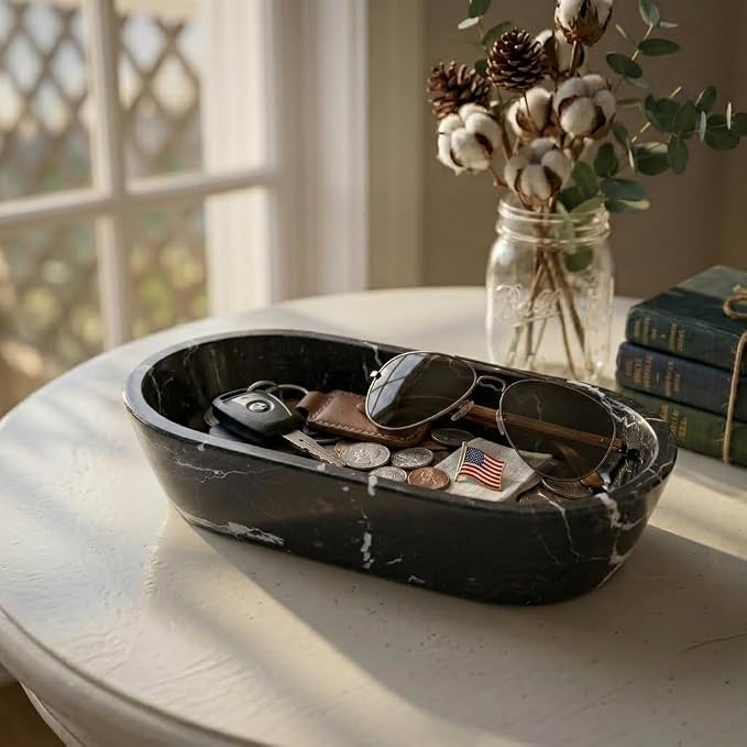 Radicaln Marble Dough Bowl 10" Inches Black Handmade Marble Bowl For Keys, Ideal Oval Bowl, Decorative Bowl and Candy Bowl For Entryway Table Décor