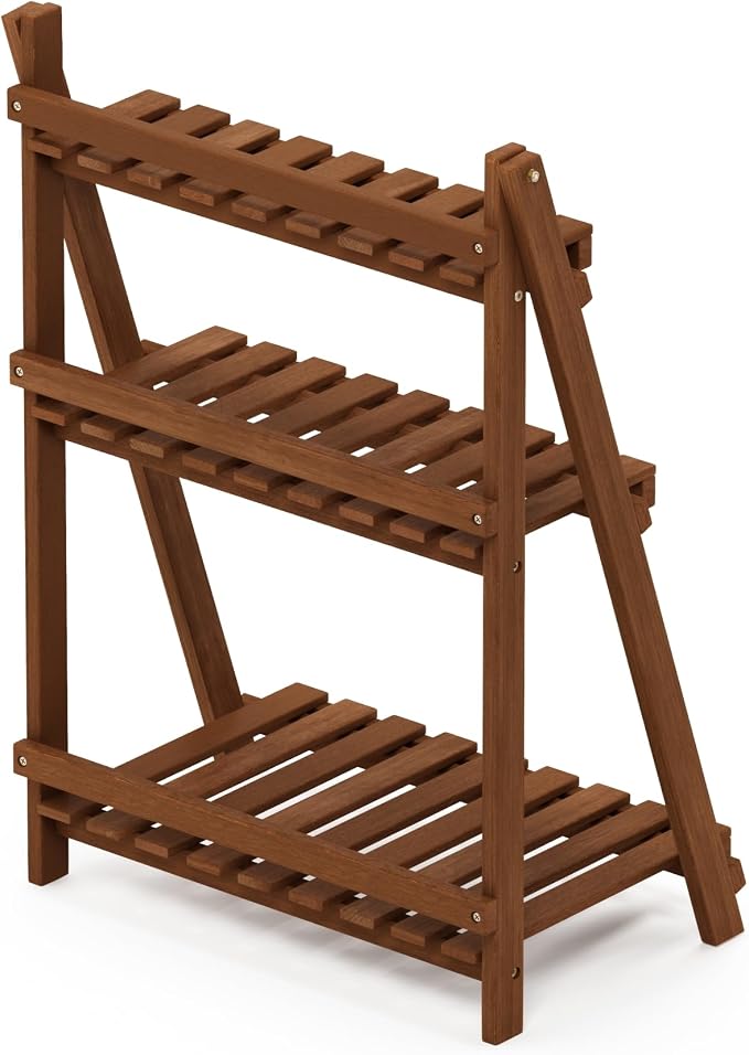 Furinno TIOMAN Plant Stand Outdoor, 3-Tier Ladder Plant Shelf, Tiered Plant Stand Indoor, Outdoor, Patio, Garden, Balcony, Light Wood