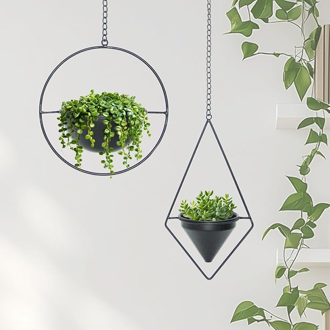 Metal Hanging Planters Set of 2 Modern Indoor Plant Hanger with Round and Diamond Pots, Geometric Small Wall and Ceiling Hanging Plant Holders for Succulents and Herbs, Black Finish