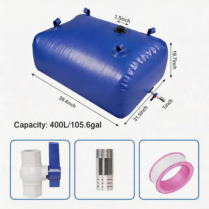 Water Storage Bladder Portable Heavy-Duty - 100+ Gallon/400L with Stainless Steel Fittings, Leak-Proof & Durable – Portable Tank for Emergency, Farming, Irrigation Use（Glossy Surface）