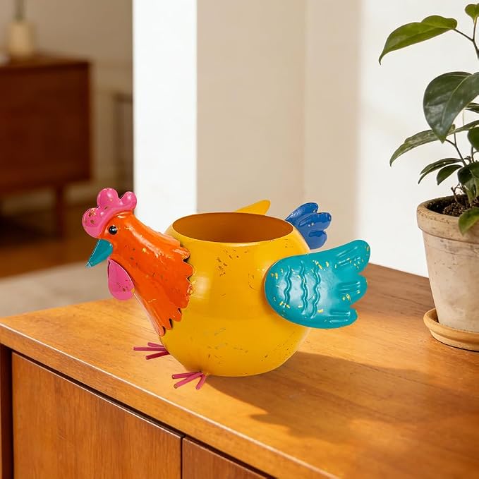 Oak & Lore Outdoor Metal Rooster Garden Statues, Colorful Chicken Garden Sculptures & Statues with Planters for Patio Lawn Backyard Decor