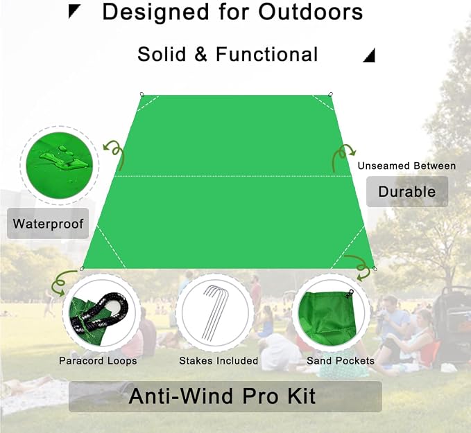 Outdoor Pocket Blanket, 55"x79" Waterproof Foldable Compact Small Picnic Blanket, Ultralight Tarp for Camping, Festival, Beach, Hiking, Backpacking, Travel, Stakes Included (Lime Green)