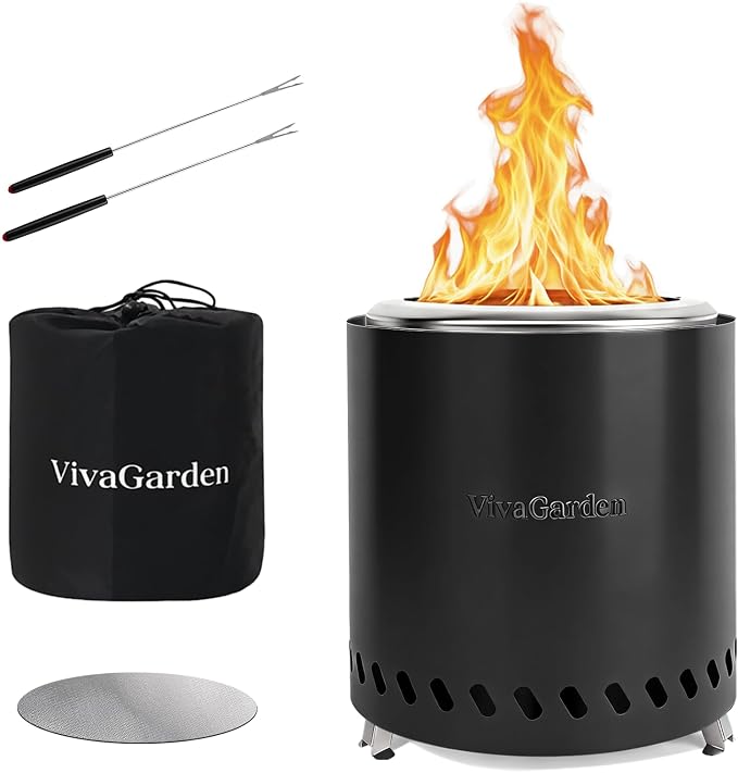 9.5 X 8.6 Inch Tabletop Fire Pit, VivaGarden Portable Firepit, Smokeless Table Top Firepit, Safe Burning Camping Stove, Fueled by Pellets or Wood, Forks, Mat & Travel Bag Included, Black