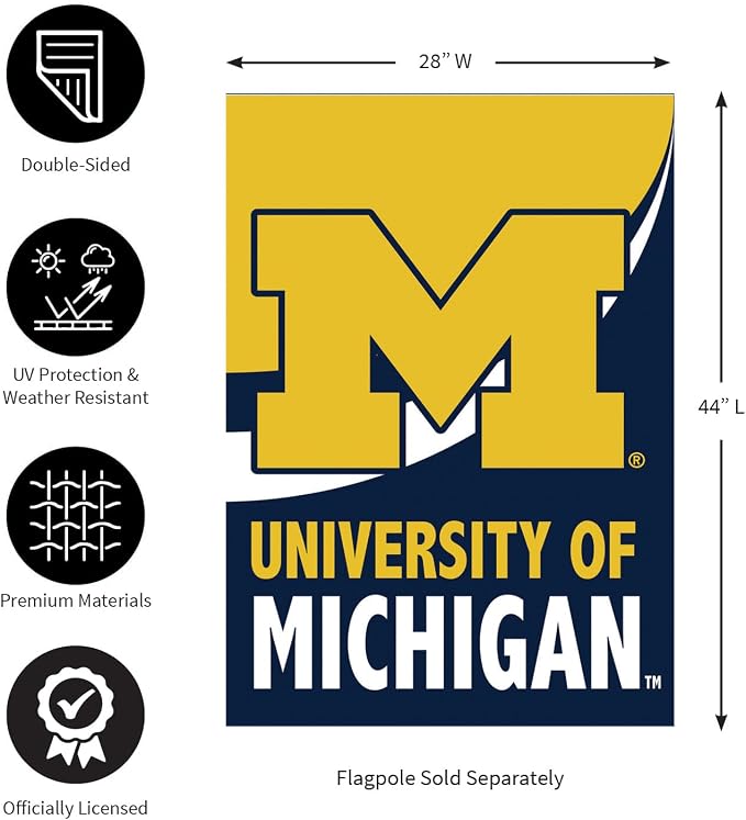 NCAA University Of Michigan House Flag, 28 x 44, Double Sided Garden Flags for Outside, Outdoor College Flags & Banners for Gardens Patio, Indoor Wall Decor Flag for Room