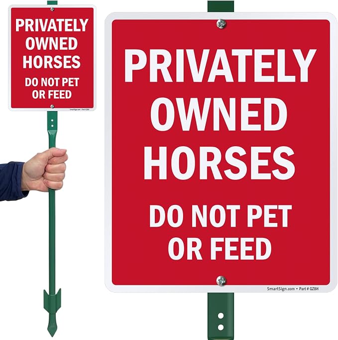 SmartSign 12 x 10 inch “Privately Owned Horses - Do Not Pet Or Feed” LawnBoss Yard Sign with 3 foot Stake, 40 mil Laminated Rustproof Aluminum, White and Red, Set of 1