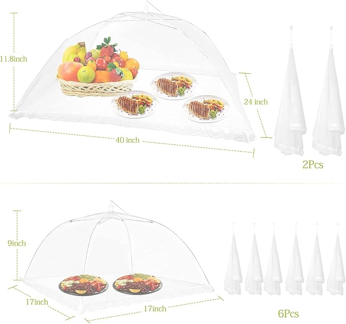 Food Cover Food Tent Set, 2 Extra Large 40"X24" and 6 Standard 17"X17" Mesh Food Covers for Outside, 8 Pack Collapsible, Reusable Pop-Up Umbrella Food Nets for Picnics, Outdoor Camping, Parties, BBQ