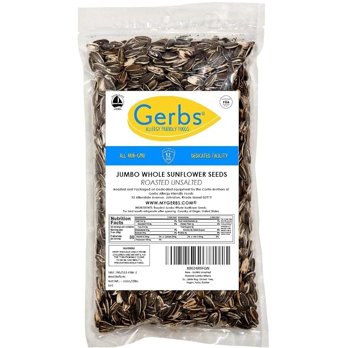 Jumbo Unsalted Sunflower Seeds In Shell by Gerbs – 2 LBS - Top 14 Food Allergen Free & NON GMO - Premium Dry Roasted Whole Sunflower Seed