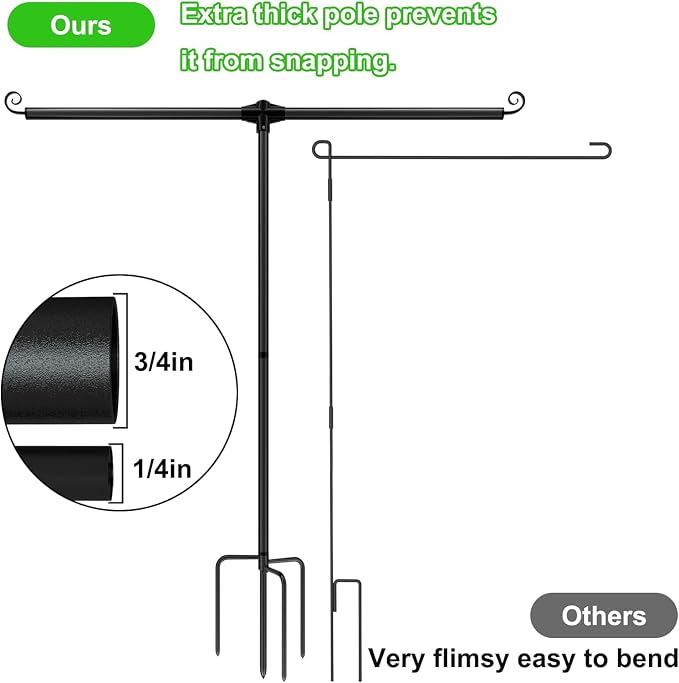 Garden Flag Stand Holder with 4 Prong Base for Double Flags, 3/4 Inch Extra Thick Heavy Duty Yard Flag Holder for Outside 12x18 Home Patio Decor