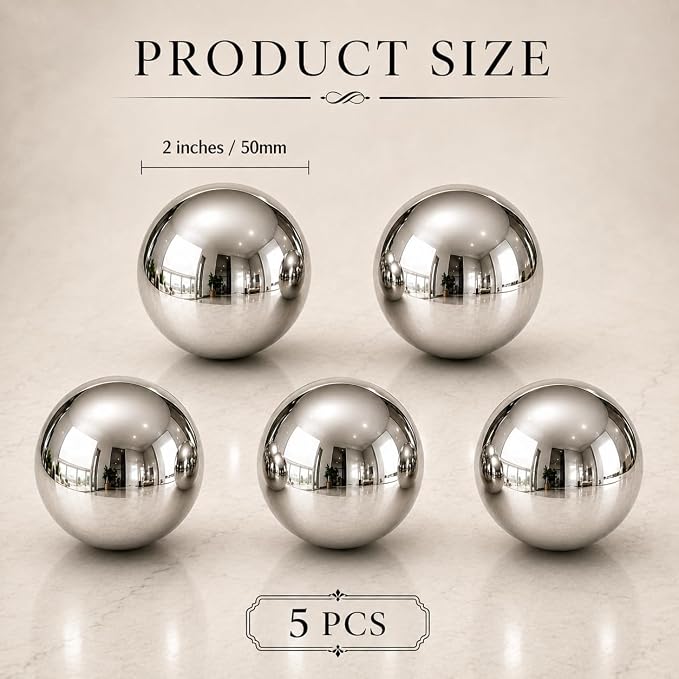 Gazing Ball Garden Mirror Outdoor - Outside Decorative Globe, Silver, 5Pcs | Metal Polished Reflective Sphere, Stainless Steel Hollow Decoration Ornament for Home Pond Swimming Pool Housewarming Gift