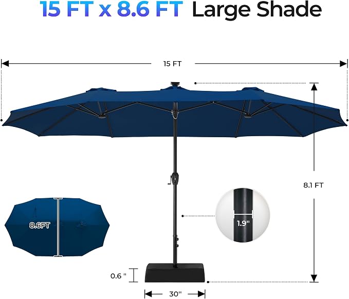 SUPERJARE 15ft Large Patio Umbrella with Base included, Double Sided Outdoor Umbrella with Solar Lights, Pool Umbrella with Fade Resistant Canopy for Deck, Porch, Yard, Balcony, Navy Blue