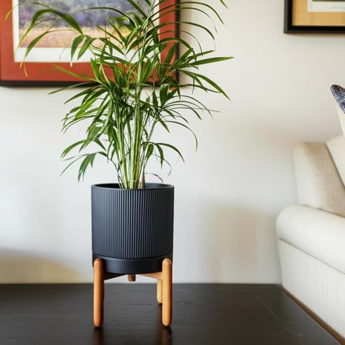 HERDUK 8 Inch Ceramic Planter with Natural Wood Stand w/Drainage & Saucer - Modern Indoor Planter for Cacti, Snake Plants & Aloe Vera Black