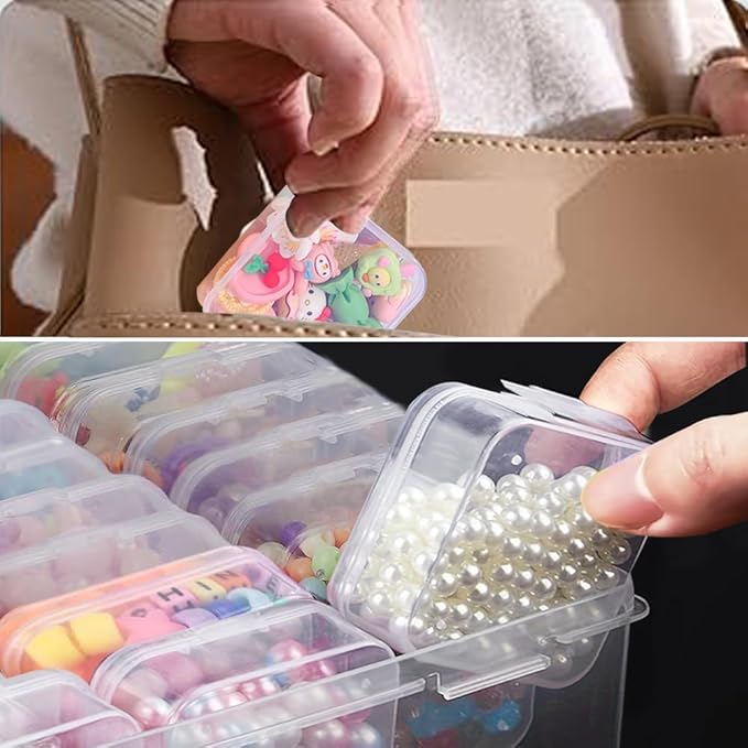 Bead storage container,44pcs of different sizes rectangular mini clear plastic storage box with hinged lid and label for bracelet making DIY jewelry craft nail organizer,Mix Size-2